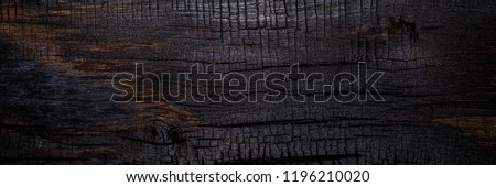 Burnt wooden Board texture. Burned scratched hardwood surface. Smoking wood halloween banner background
