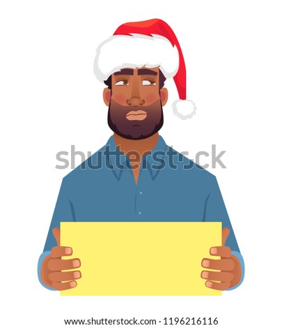 African man in hat holding blank card. Afro american man with sign. Vector illustration