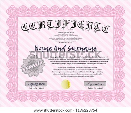 Pink Awesome Certificate template. With linear background. Money Pattern. Vector illustration. 