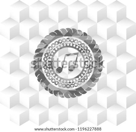 musical note icon inside grey icon or emblem with geometric cube white background