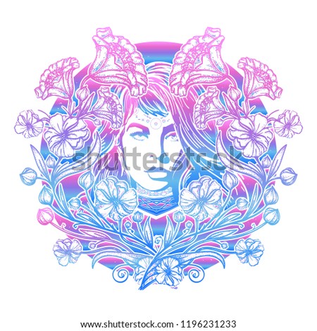 Art nouveau woman and flowers tattoo and t-shirt design 