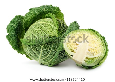 Two savoy cabbages isolated over white background Royalty-Free Stock Photo #119624410