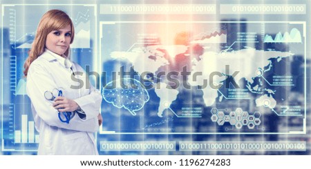 Portrait of smiling Doctor woman on icon of media screen. innovative technology concept.
