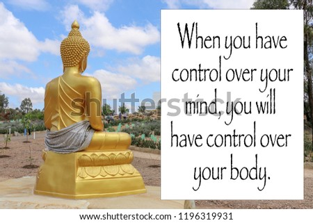 inspirational control over your mind quote with gold buddha statue and blue sky