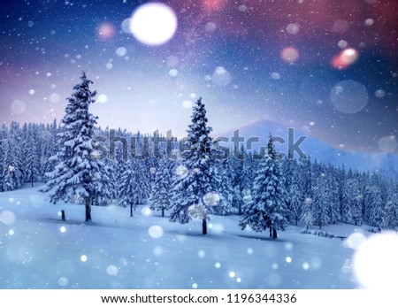 Starry sky in winter snowy night. Fantastic milky way in the New Year's Eve. Beautiful landscape and snow-covered pines on mountain slopes. Bokeh light effect, soft filter. Photo greeting card.
