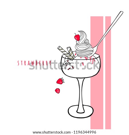 Vanilla ice cream with whipped cream, wafer rolls and strawberry. Sweet dessert in a glass bowl. Vector illustration. Hand drawn design element.