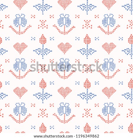 Hand Drawn Embroider Tulip Stitches Seamless Vector Pattern. Cross Stitch Illustration for Summer Fashion Prints, Christmas Gift Wrap, Trendy Craft Packaging or Retro Home Sweet Home Design
