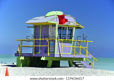 Colorful lifeguard station on blue sky in Miami Beach, Florida