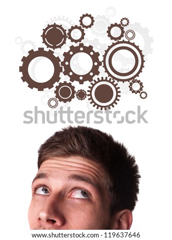 Young person head looking with gesture at idea type of sign