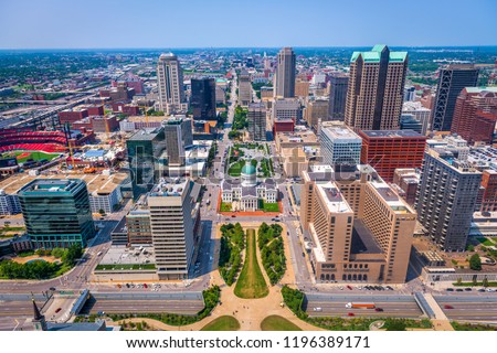 St. Louis, Missouri, USA downtown skyline from above. Royalty-Free Stock Photo #1196389171