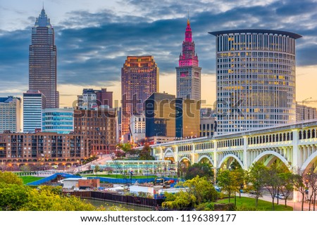 Cleveland, Ohio, USA downtown city skyline on the Cuyahoga River at twilight. Royalty-Free Stock Photo #1196389177