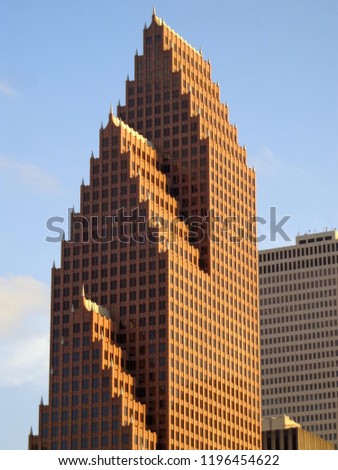 Close-up View of Iconic Downtown Houston Skyscraper at Sunset - Houston, Texas, USA 