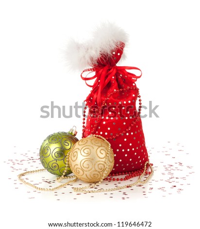 Santa Claus red bag with Christmas toys on white background