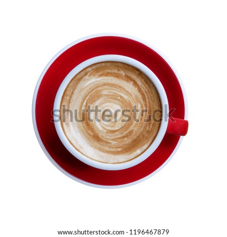 Top view of hot coffee cappuccino latte cup on red ceramic saucer with stirred spiral milk foam isolated on white background, clipping path included.
