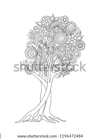 Hand drawn patterned tree crown in zen tangle style. Isolated image for adult anti-stress coloring book, home art, decorate wall. Outline monochrome vector illustration. eps 10
