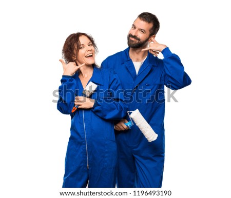 Painters making phone gesture. Call me back sign on isolated white background