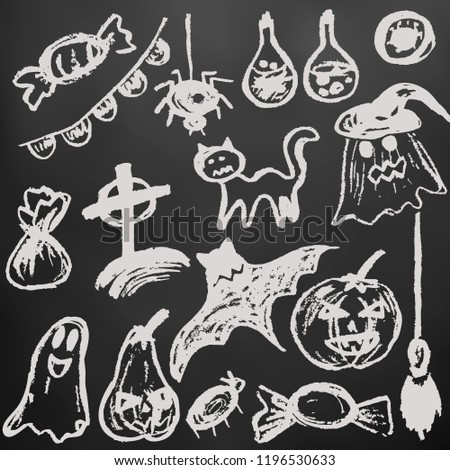 Halloween. A set of funny objects. White chalk on a blackboard. Collection of festive elements. Autumn holidays. Pumpkin, ghost, spider, candy, eye, bat, broom, flags, potion, cat, cemetery