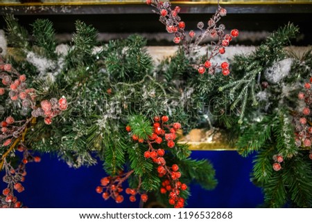 Image of New Year branch of fir tree with red berries, snow