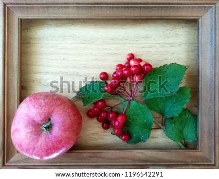 A ripe apple and a branch of a viburnum lie in a frame on a wooden background.