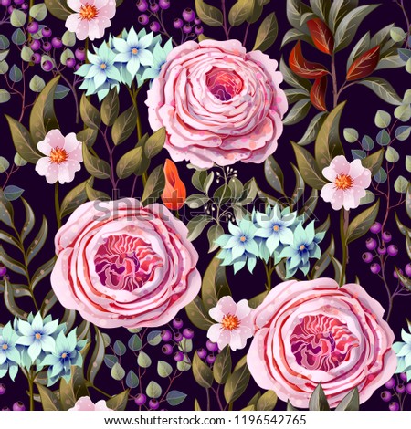 Seamless pattern with English roses and other flowers in vintage victorian stlyle. 