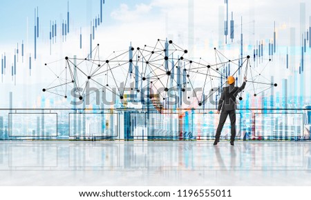 Young engineer in suit at balcony against morning cityscape background. 3d rendering