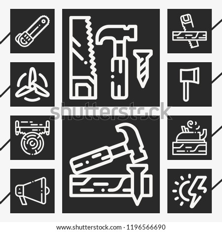 Set of 10 equipment outline icons such as ax, chainsaw, saw, carpenter, turbine, tool, sun energy, carpentry