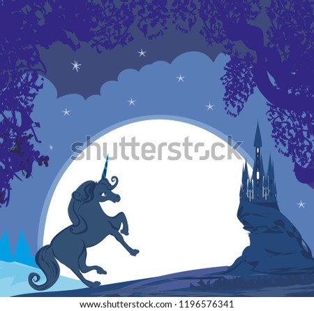 Fairytale landscape with magic castle and unicorn
