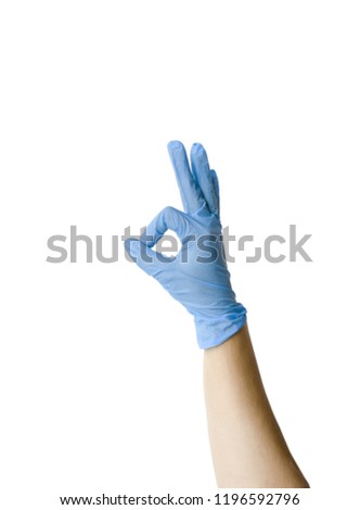 hands in medical gloves (isolated), hand in gloves, hand in gloves with symbol okay
