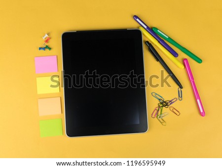 Desk Laptop and mobile with blank text space screen in office on wood table. Laptop mock-up conceptual workspace image. 