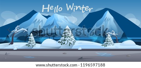Vector illustration of a beautiful landscape on a background of blue mountains. Deep background with tree silhouettes. Inscription Hello winter!