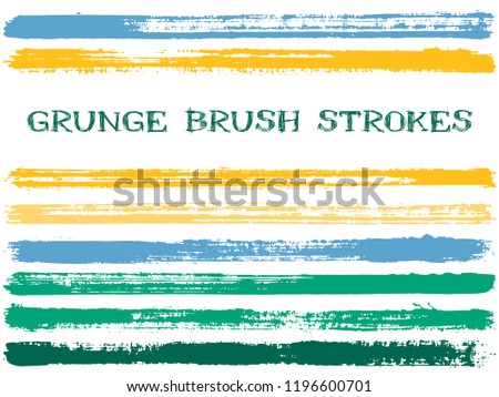 Green blue yellow ink brush strokes isolated design elements. Set of paint lines. Distressed stripes, textured paintbrush stroke shapes. Collection of ink brushes, stripes isolated on white