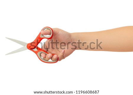 Human hand holding scissors gesture isolate on white background with clipping path, High resolution and low contrast for retouch or graphic design
