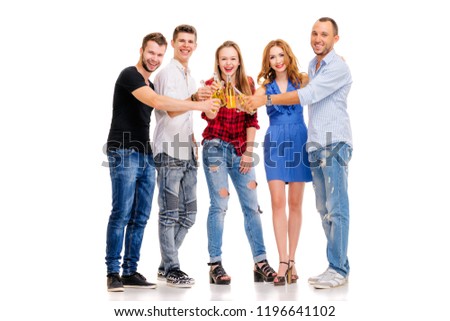 Party and relax. Group of five happy smiling friends with bottles of beer having fun together. Isolated on white.
