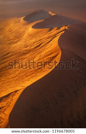 Aerial view of a large red sand dune in the Namib Desert at sunset, showing its lines, curves, shadows, and a sharp ridge on top. Sossusvlei, Namibia.