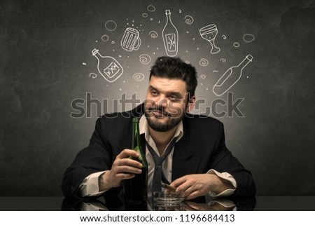 Drunk down and out man with doodle alcohol bottles concept
