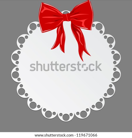 Red bow above the decorative postcard, vector illustration