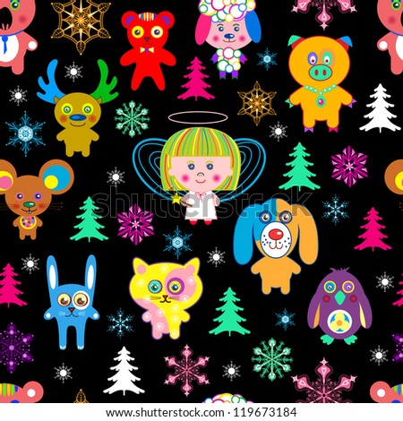 Holiday seamless pattern with toys and snowflakes
