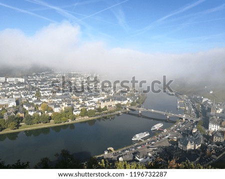 Moselle valley in fog, Bernkastel Kues, aerial view, September 2018