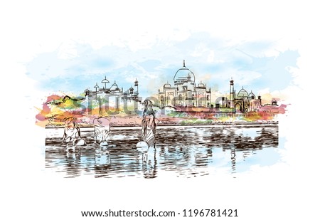 The Taj Mahal is an ivory-white marble mausoleum on the south bank of the Yamuna river in the Indian city of Agra. Watercolor splash with Hand drawn sketch illustration in vector.