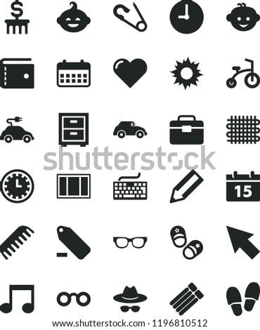 solid black flat icon set clock face vector, purse, keyboard, hat with glasses, remove label, bedside table, open pin, comb, children's hairdo, funny, child bicycle, shoes, window frame, portfolio