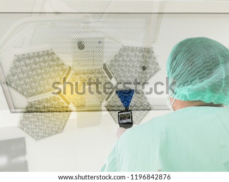 HEPA/ULPA Filter Scan Leak Test on Operating light or surgical lighthead Background- Double exposure Style Royalty-Free Stock Photo #1196842876