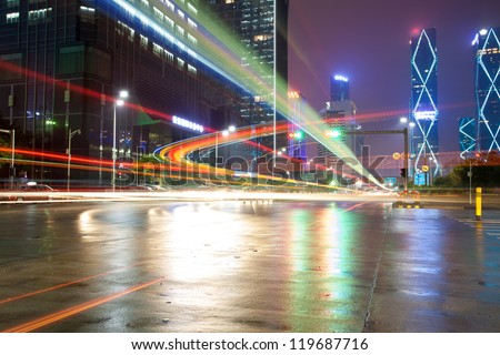 light trails on the modern city street at night