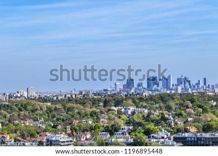 Beautiful view of valley of Seine River and panorama of Paris on backgrounds from lookout in city Saint-Germain-en-Laye (13 miles west of Paris), France.