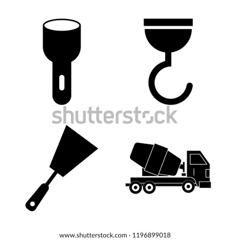 Set of 4 simple vector icons such as Torch, Hook, Scraper, Cement Truck, editable pack for web and mobile