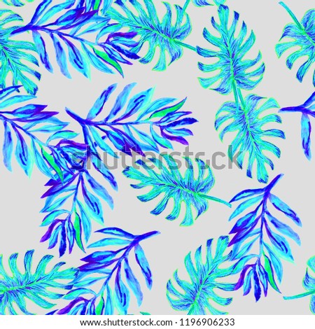 Tropical colorful seamless watercolour monstera pattern. Hand painted watercolor monstera. Tropical seamless botanical watercolor exotic floral pattern. Palm leaves. Blue, turquoise rainforest leaf.