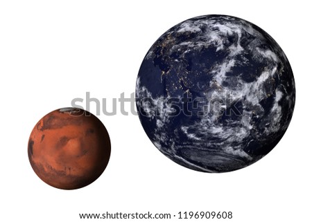 Planet Earth at night with mars of solar system isolated on white background. Elements of this image furnished by NASA.