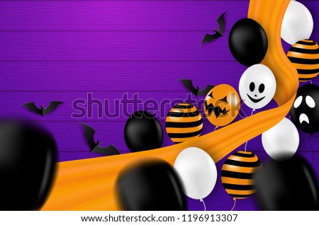 Happy Halloween . Design with balloons and bats on purple wood background . vector