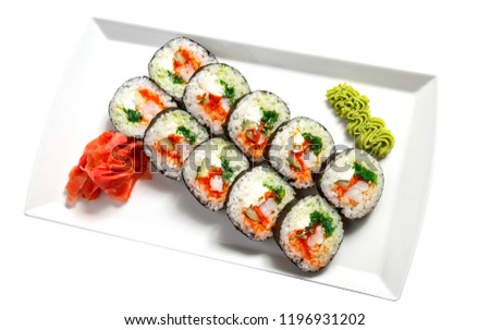 Sushi on the plate in isolated white background rolls