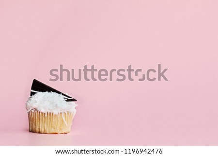 Pretty coconut frosted cupcake decorated with a wedge of chocolate against a pink background.