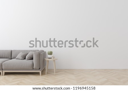 Interior of living room modern style with  fabric sofa, side table and empty white wall on wood floor Royalty-Free Stock Photo #1196945158